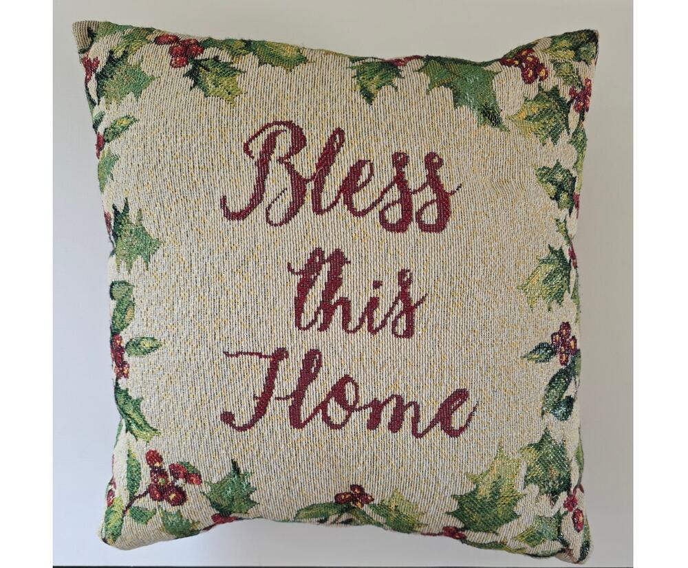 VTG Tapestry "Bless This Home" Holly Edging Gold Sparkle Thread Holiday Pillow